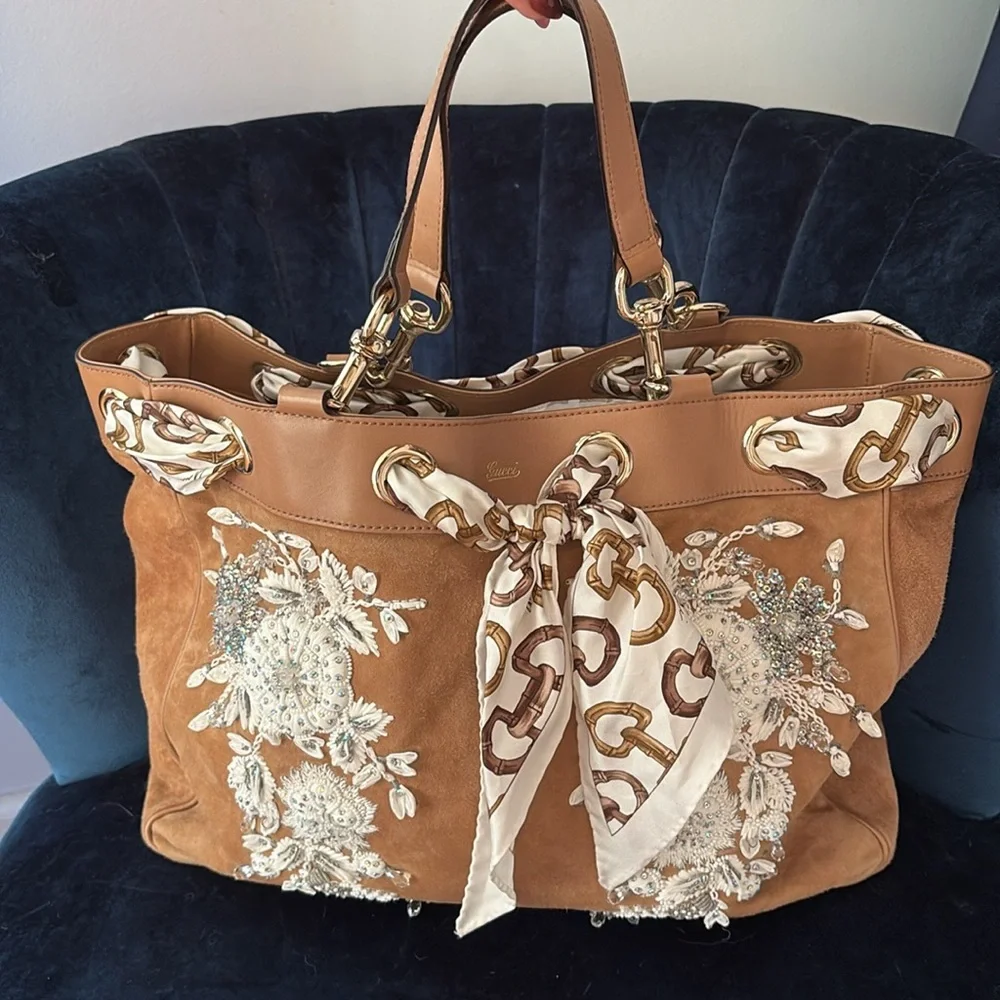 GUCCI POSITANO Leather Suede Tan Brown White Silver Gold Beaded Bag Rare Luxury - Picture 2 of 14